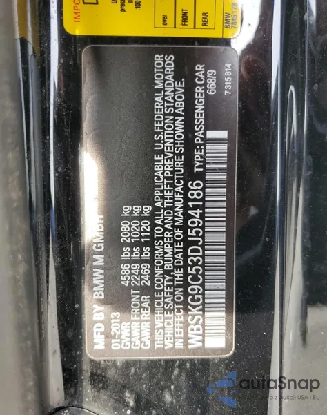 2013 BMW M3 из США, поврежденный, VIN WBSKG9C53DJ594186